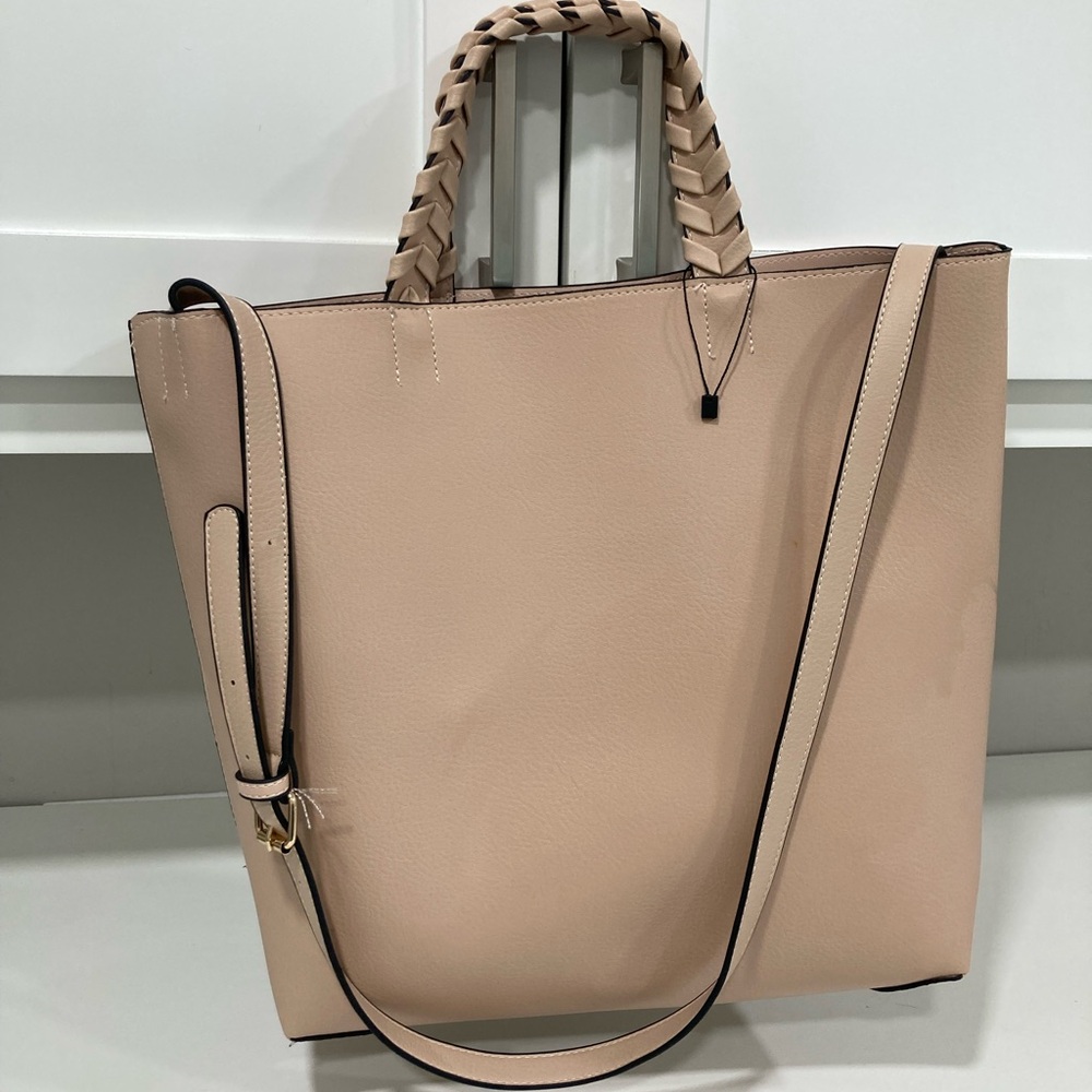 Blush Textured  Tote with Braided Handle